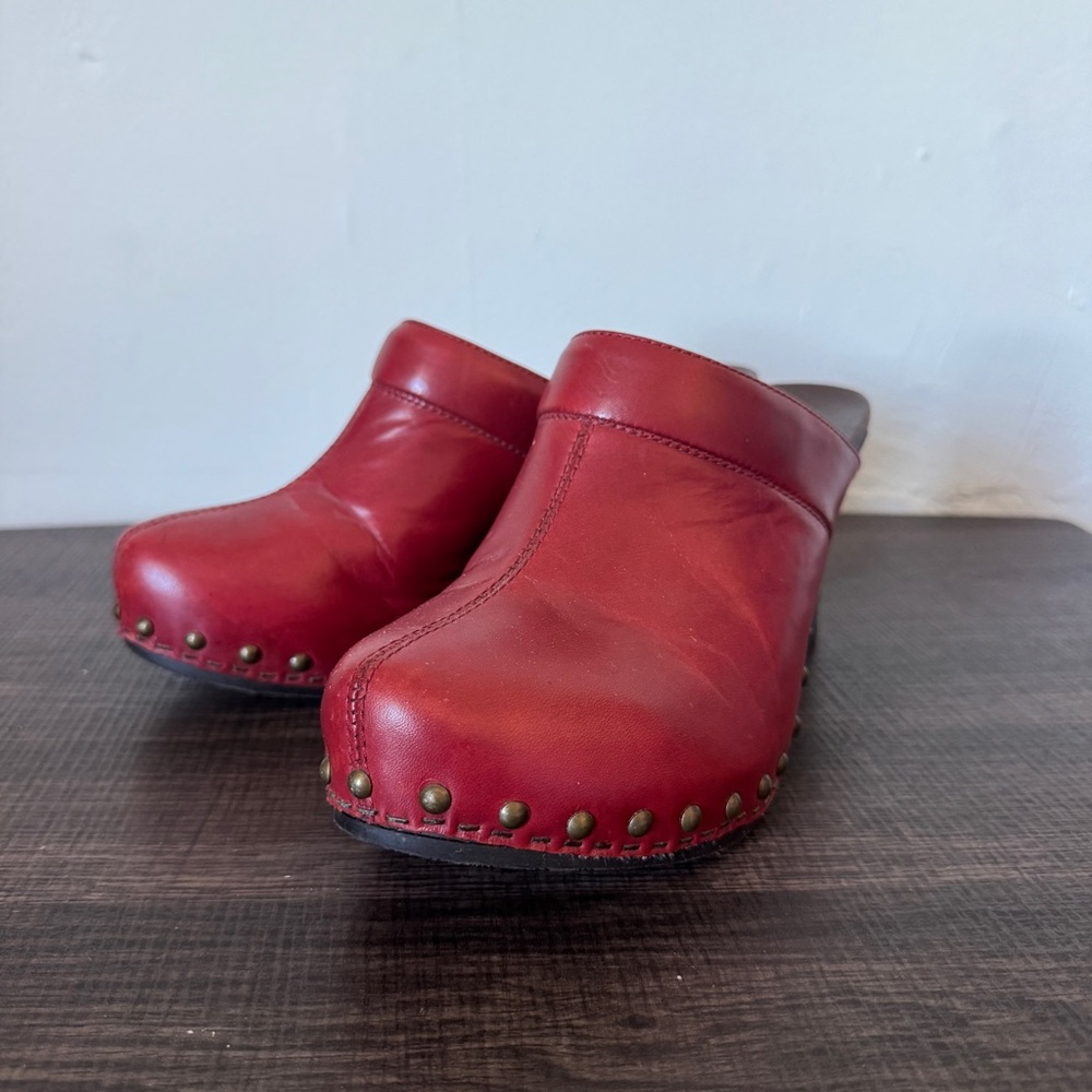 Dansko Red Leather Studded Clog Mules